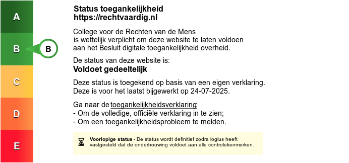 Status toegankelijkheidslabel van RechtVaardig. Volg de link voor de volledige toegankelijkheidsverklaring.